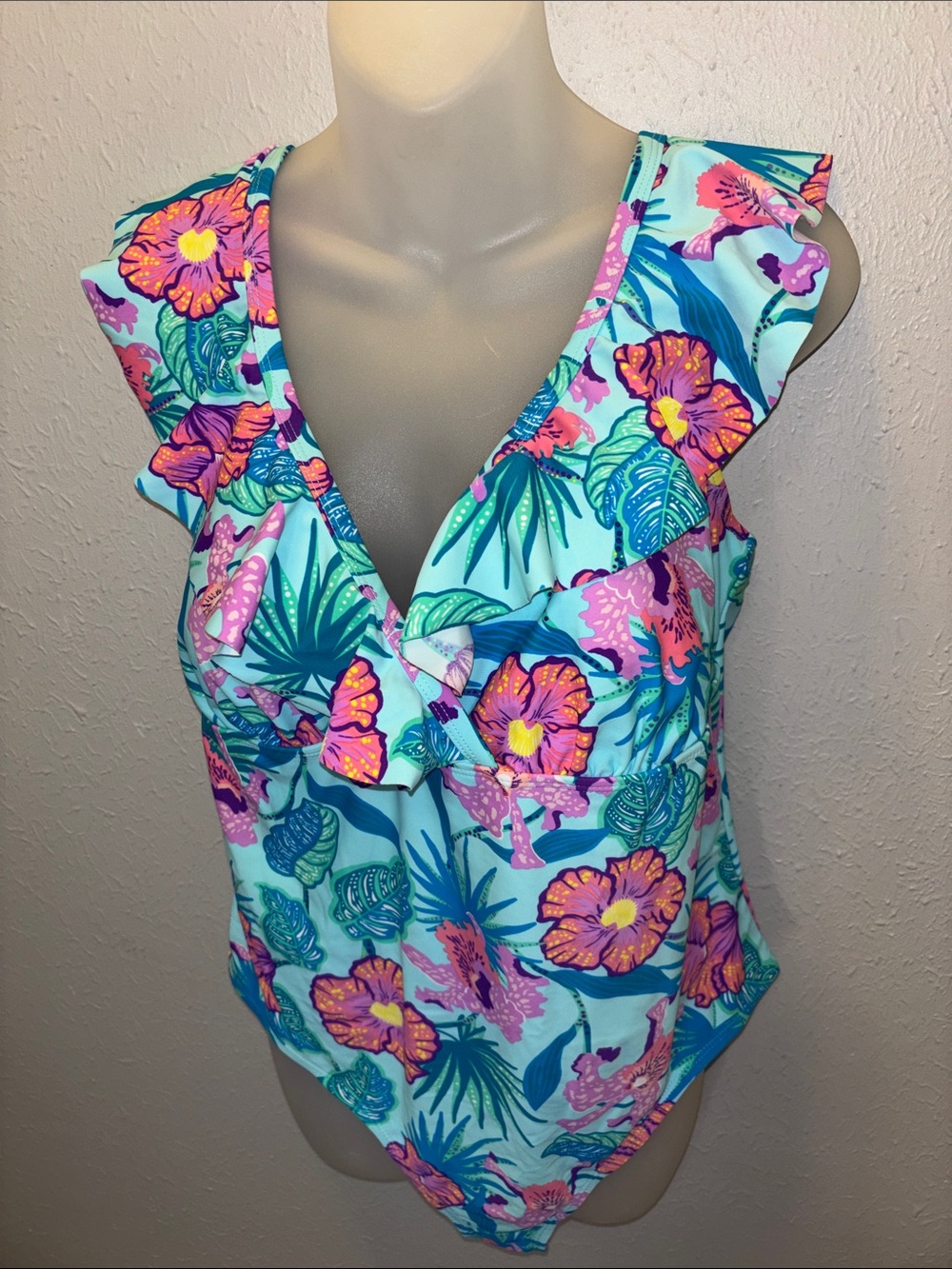 Stella Parker Tropical Coastal Beach Floral Swimsuit One Piece Women’s Size 16